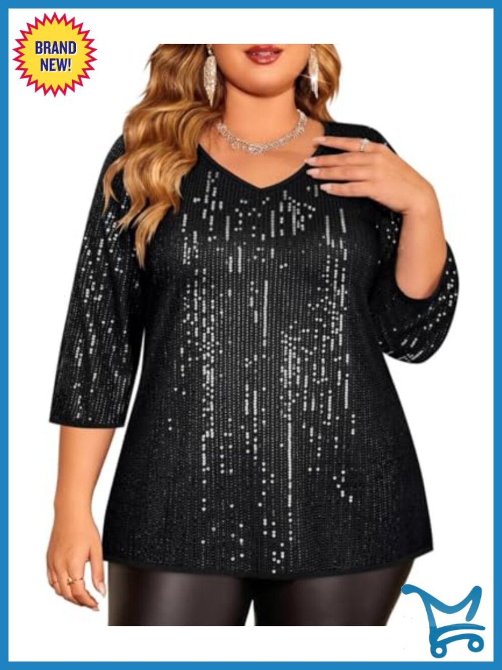 Plus Size Sequin Tunic Top 3/4 Sleeve V-Neck Party Blouse